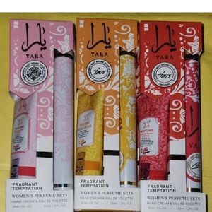 3 Yara Women's Fragrant Temptation Perfume & Hand Cream Set - Pink, Yellow, Red